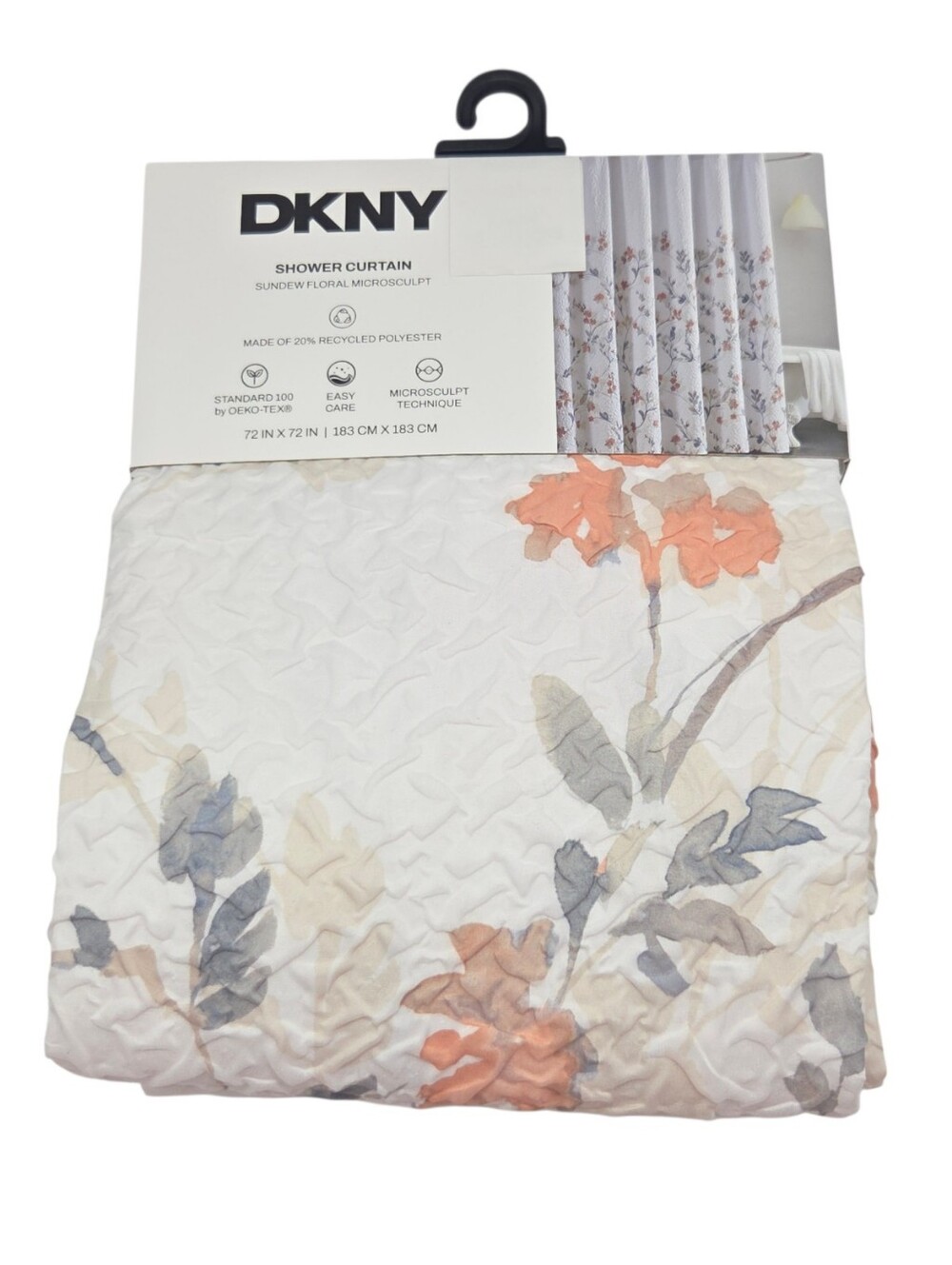DKNY Sundew Floral‎ Microsculpt  Fabric Shower Curtain White Peach 72x72inch